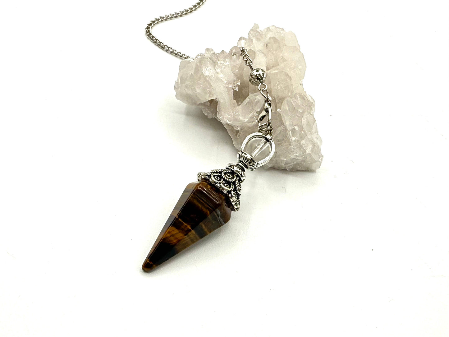 Yellow Tiger Eye Double Cap Pendulum with Silver Plate Chain