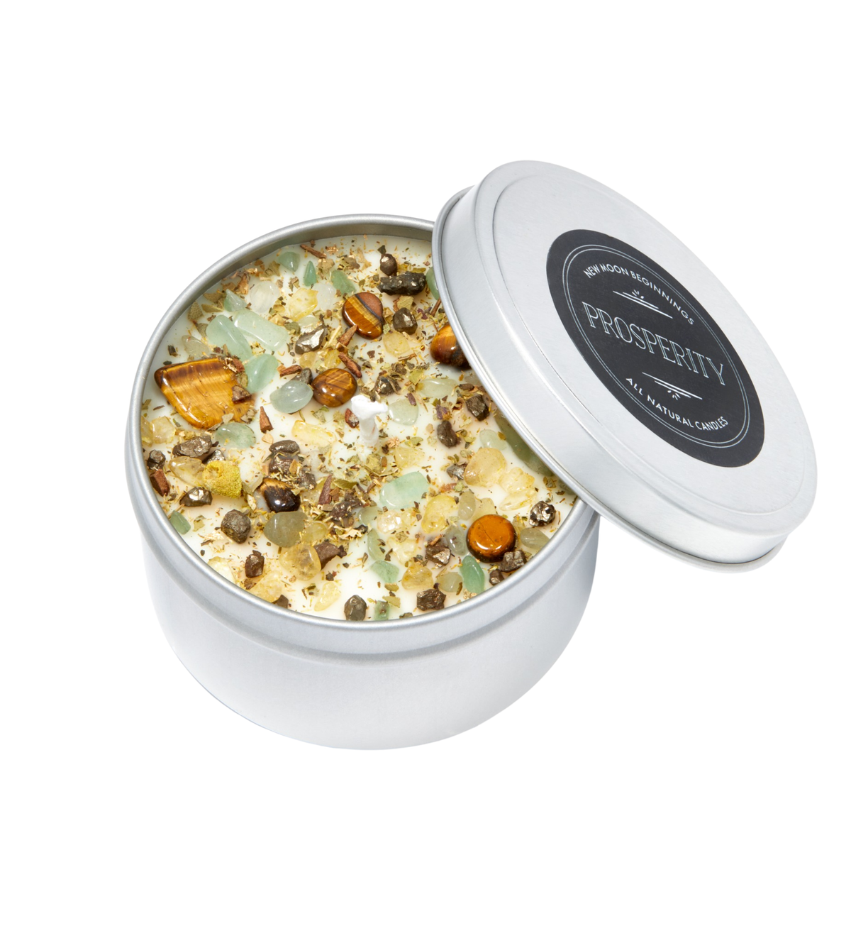 Prosperity Candle - Soy Candles - Herb & Crystal Candle: 8oz Round Tin