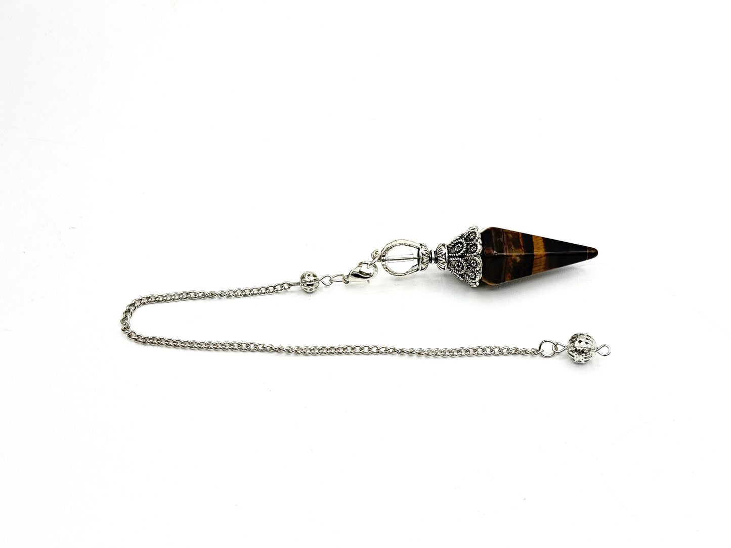 Yellow Tiger Eye Double Cap Pendulum with Silver Plate Chain