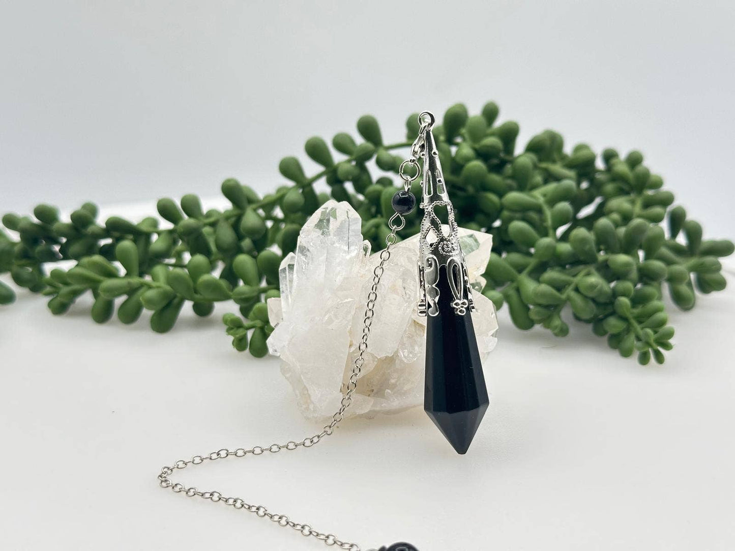 Black Obsidian Gemstone Art Deco Silver Color Pendulum