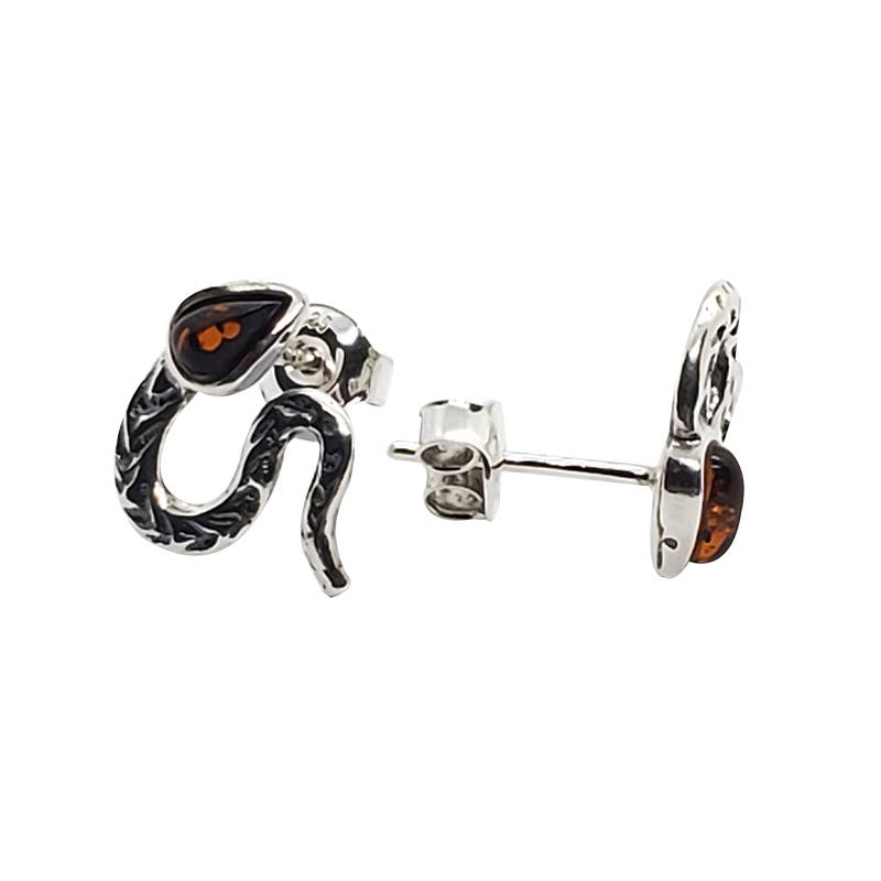 Cherry Amber Sterling Silver Snake Stud Earrings