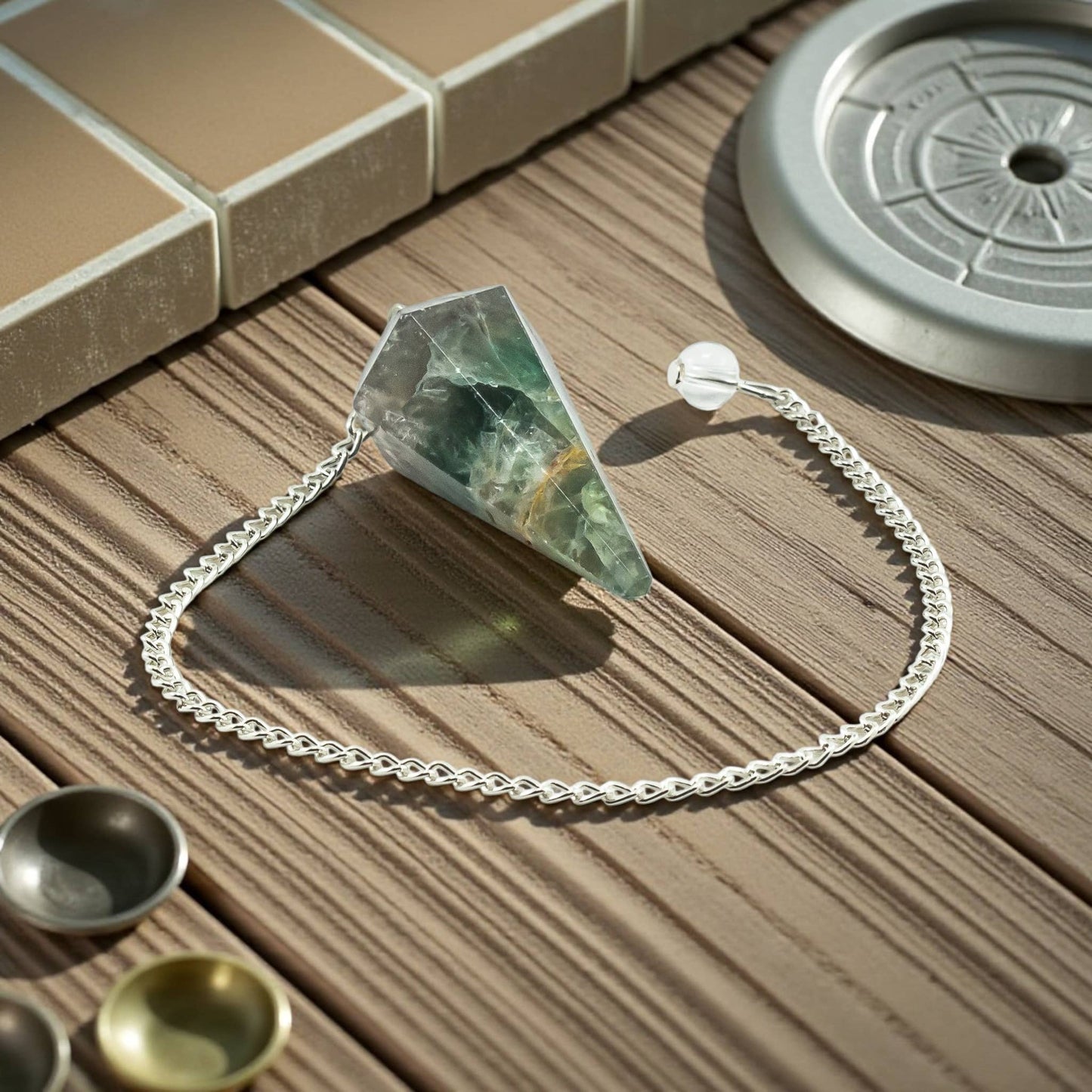 Fluorite Gemstone Pendulum Silver Color Chain