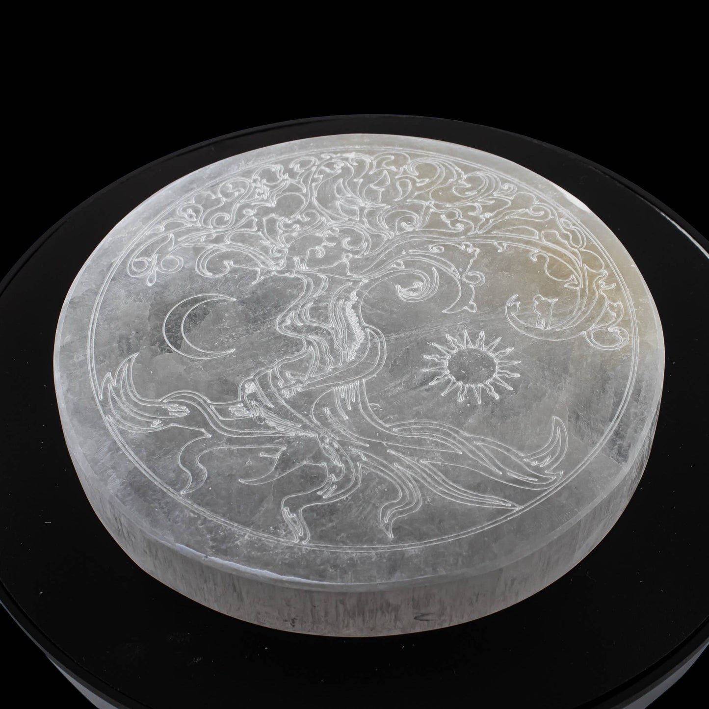 Selenite Round Tree Of Life with Sun & Moon Charging Plate