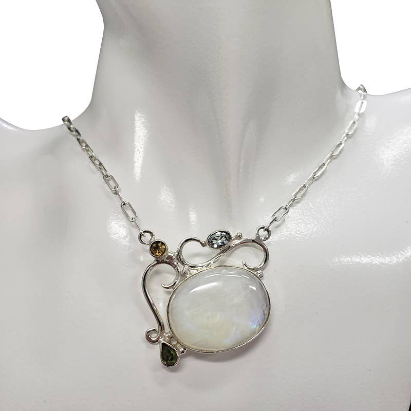 Moonstone Peridot Blue Topaz Sterling Silver Necklace