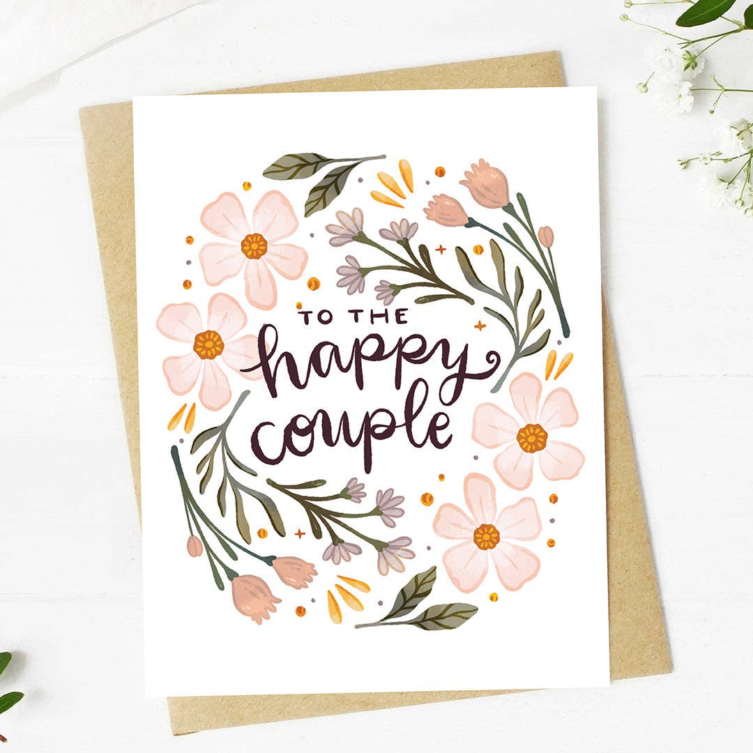 "To the happy couple" Pink Florals Cursive Text Wedding Card