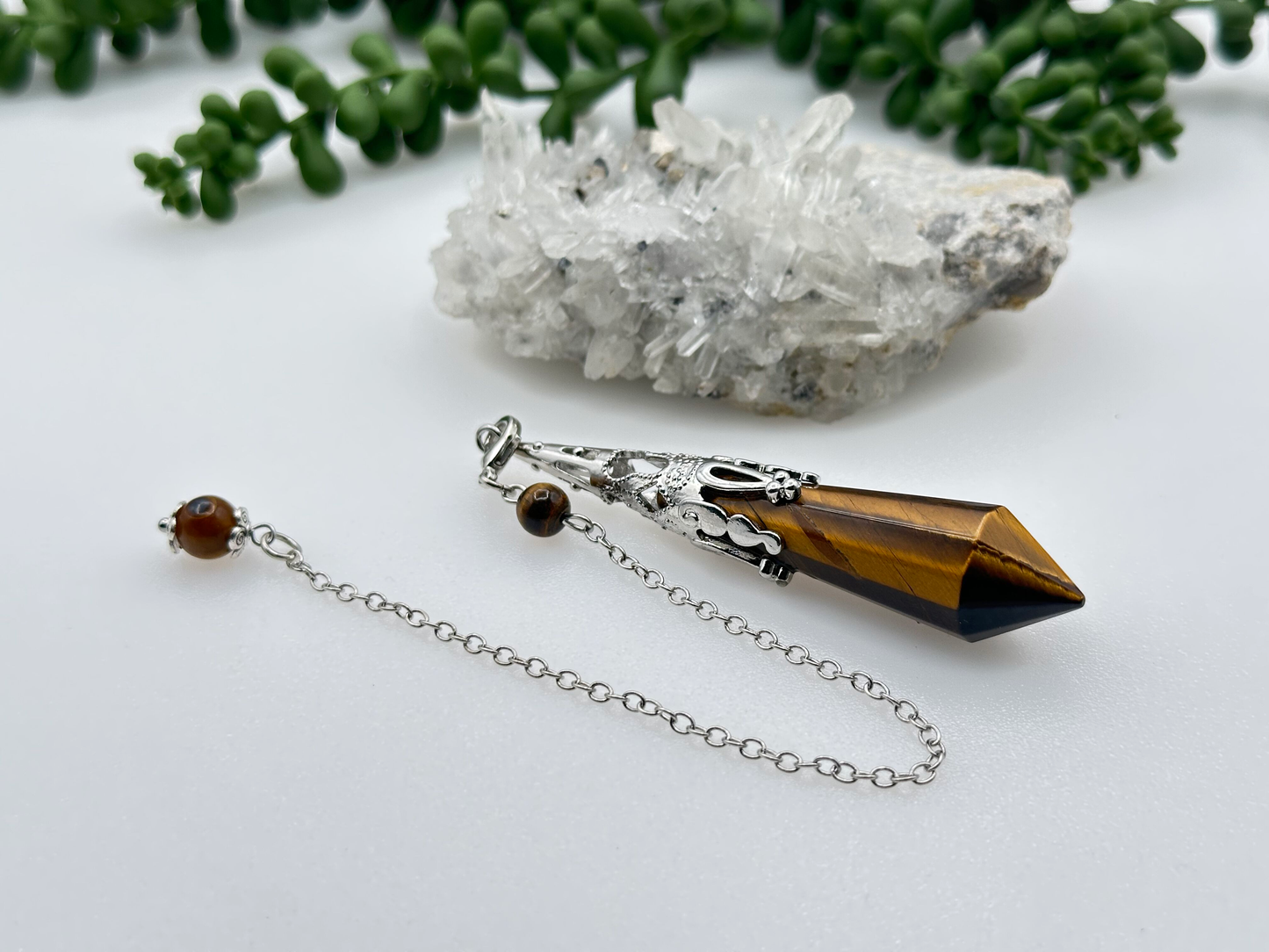 Tiger Eye Gemstone Art Deco Silver Color Pendulum