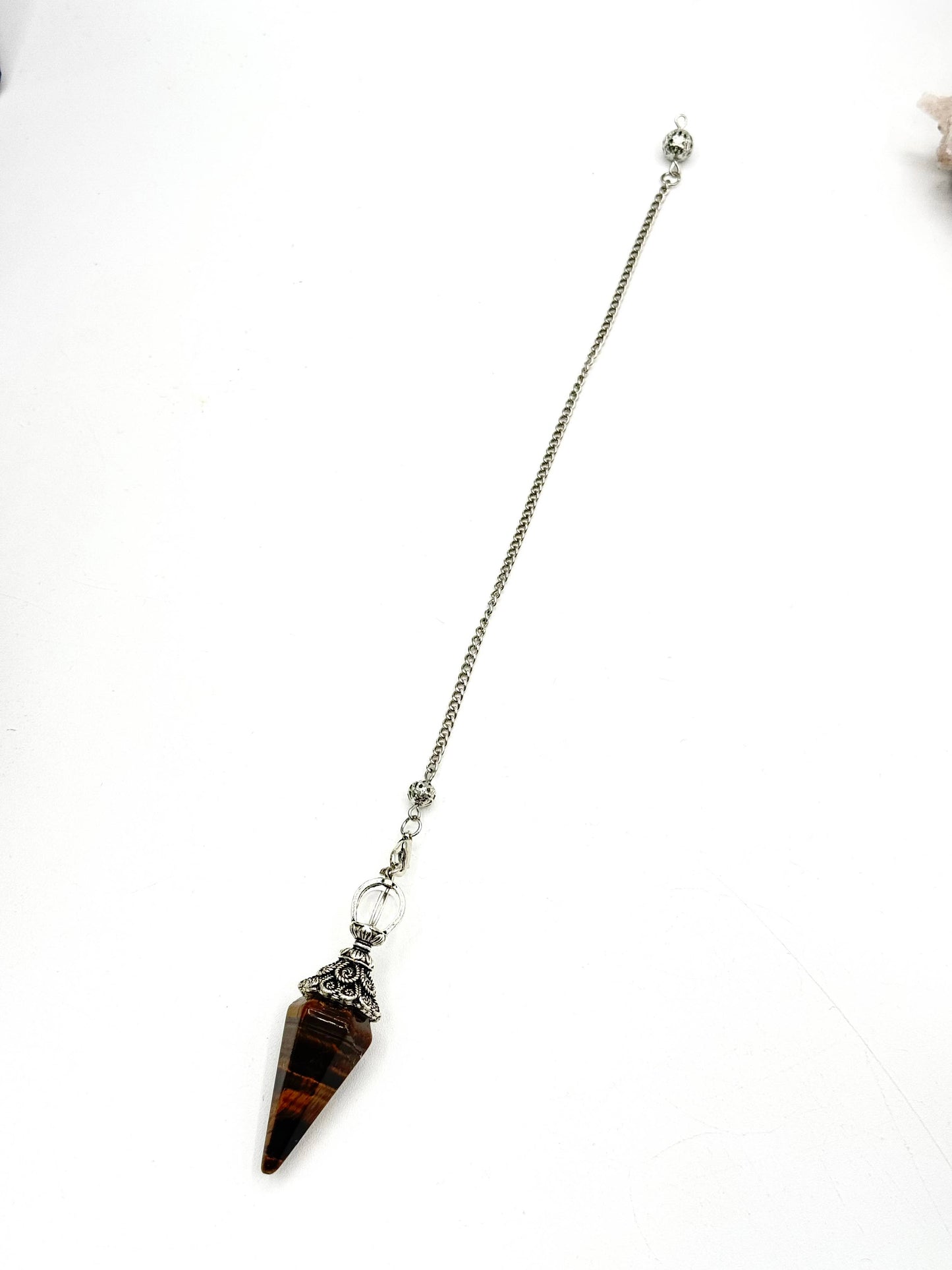 Yellow Tiger Eye Double Cap Pendulum with Silver Plate Chain