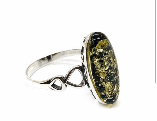 Green Amber Sterling Silver Ring